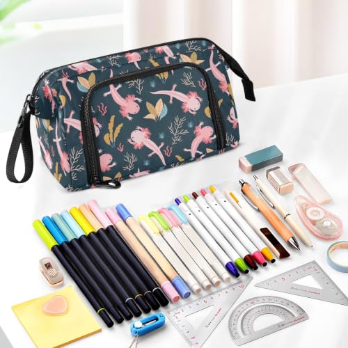 Image of Axolotls Print Pencil Case Pouch Big Capacity Pencil Bag Box Organizer Pen Case with Compartmens Stationery Organizer for Girls Boys Women School College Office