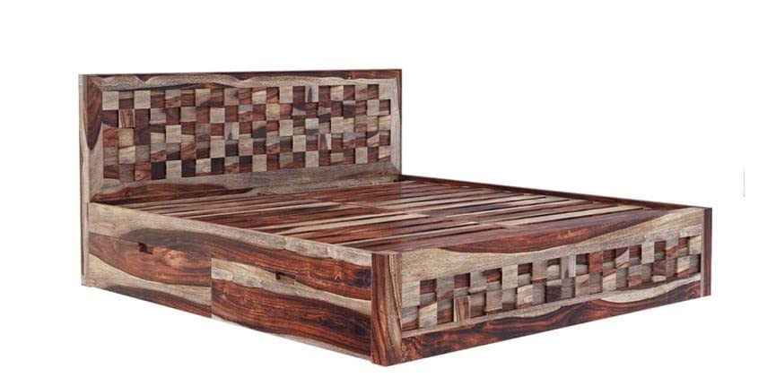 Image of Arman Handicrafts | Solid Masngo Wood Bed with Storage Drawers | Wooden Double Bed Frame with Headboard | Modern Bedroom Furniture Bed Cot for Home | Natural Brown Finish| King Size Bed