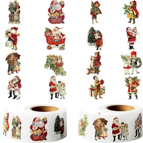 W1cwey Vintage Christmas Sticker Rolls 1000Pcs Retro Santa Sticker 2 Roll