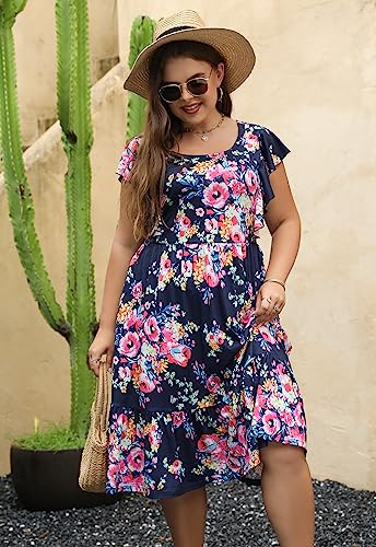 Image of Keluummi Plus Size Women 2023 Summer Casual Cute Boho Floral Flutter Sleeve Tiered Midi Dress with Pocket