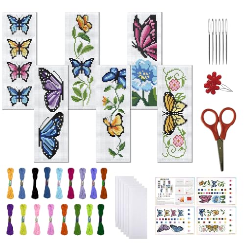 FREEBLOSS 6 Set Butterfly Cross Stitch Bookmark Kit Stamped Cross Stitch Kit Stamped Embroidery Bookmark with Instruction Cross Stitch Kits for Adults DIY Bookmark Kit 8.66''x3.14''
