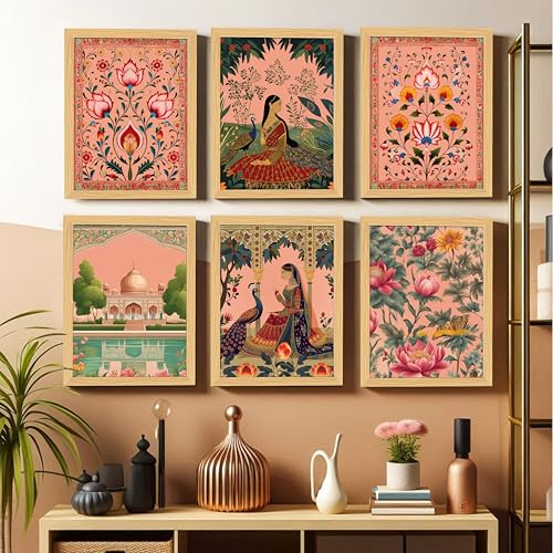 Image of PAINTINGMANTRA Madhubani Paintings With frame for living Room, Floral Mughal Madhubani Wall Art Painting for office, home decor, Set of 6, 9x13 Inch