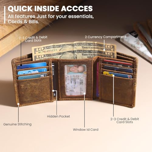 Image of Genuine Hunter Leather Trifold Wallet for Men and Women | Handmade RFID Protected Hidden Pocket and ID Window | Multiple Card Slots Cash Compartments | Compact Daily Carry | Vintage Brown