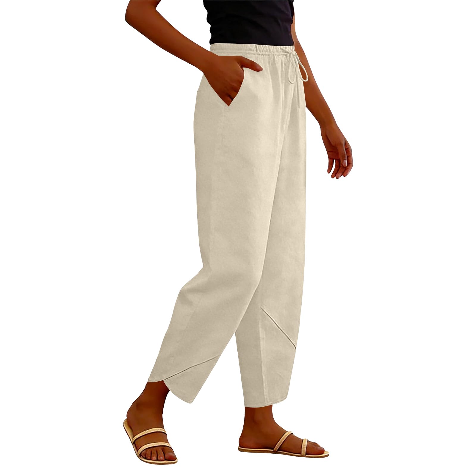 Generisch Pantalon de loisirs en lin pour femme - Élégant - Palazzo - Pantalon sarouel - Léger et respirant - Pantalon d'été à jambes larges - En coton - Pantalon de plage - Pantalon long en tissu