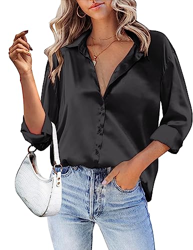 Amazon.com: HOTOUCH Black Silk Button Up Shirt Women Satin Blouse
