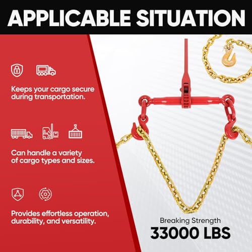 Image of FAHKNS Ratchet Chain Binder Set 3 /8-1 /2 inch 2 Pack 3 /8 inch x 10FT Chains G80 | 9200LBS WLL, 33000LBS Break Strength, Heavy Duty Ratchet, Complete for Truck Flatbed Tie Down