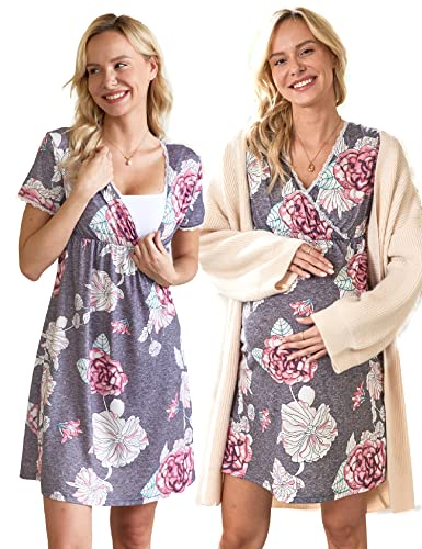Image of Ekouaer Maternity Dress for Breastfeeding Delivery Pajamas Nursing Nightgown Sleepwear Gray Flower XL