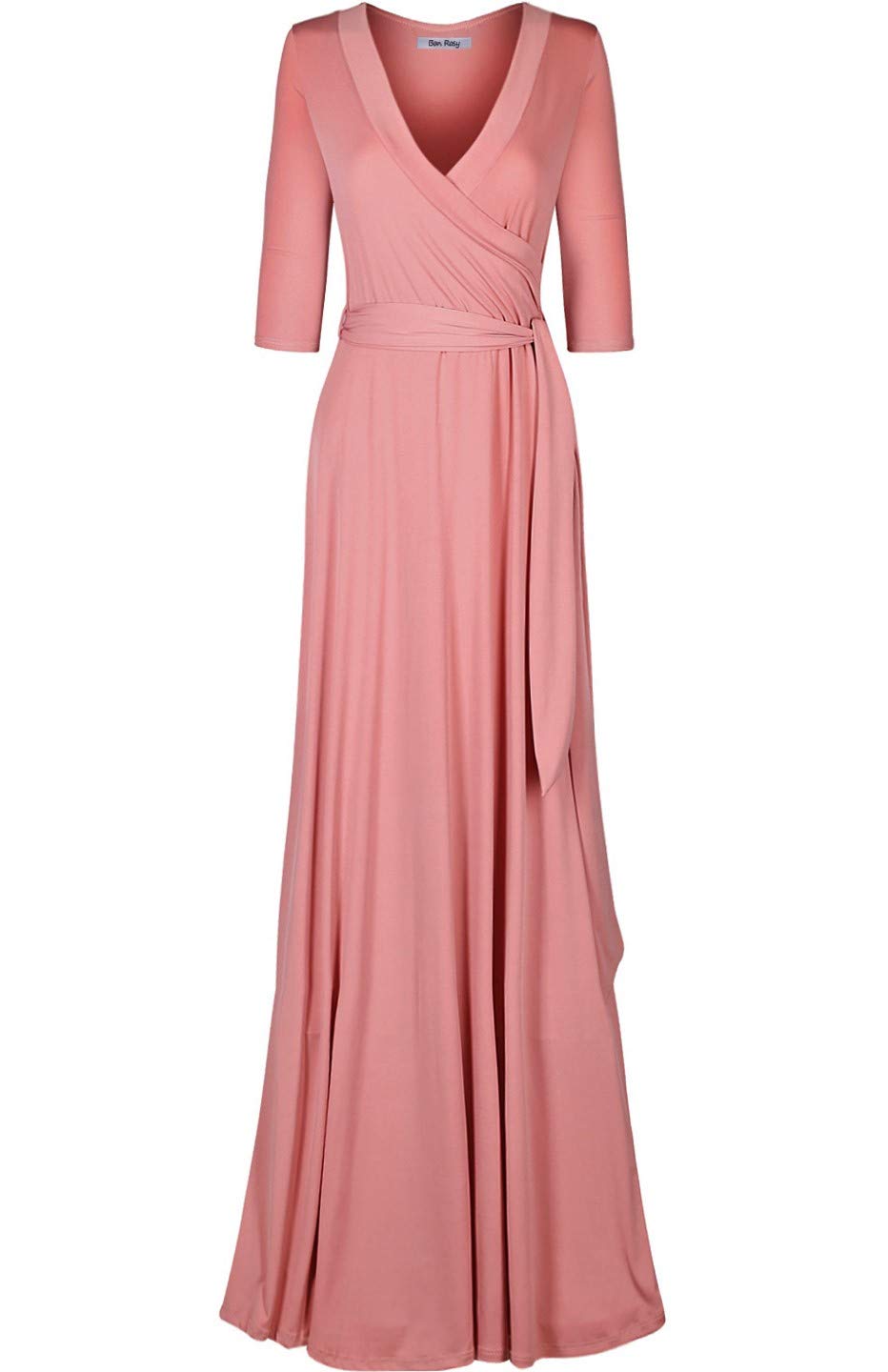 Women's 3/4 Sleeve Deep V-Neck Maxi Faux Wrap Solid Plus Size Dress