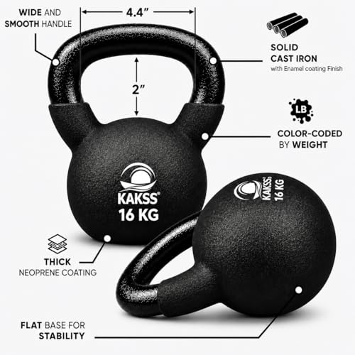 Image of KAKSS Half Coating Neoprene Kettlebell, 16kg Black Cast Iron Kettle Bell with Non-Slip Grip Handle for Strength Training, Home Gym Workout Equipment for Men & Women (Proudly Made in India)