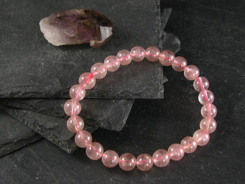 LKBEADS Naturalny kwarc truskawkowy 7 mm rondelle smooth 7 cali półprecyzyjne koraliki bransoletka z koralikami dla mężczyzn i kobiet, uzdrawiająca, kryształowa, rozciągliwa, bransoletka z koralikami,