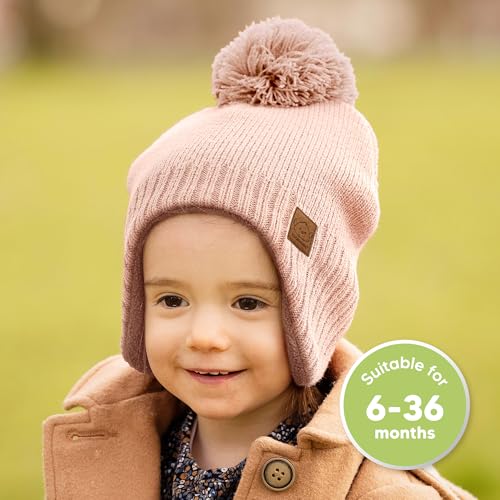 Image of Baby Beanie Winter Hat 6-36 Months - Cute Pom Winter Baby Hats with Earflaps, Soft & Stretchy Knit Toddler Beanies for Infant, Newborn 6-36 Months Boys, Girls, Cozy, Warm Fall Essentials (Blush, M)