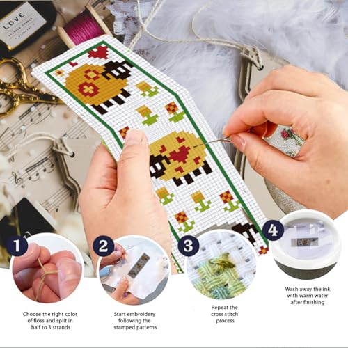 INFUNLY 6pcs DIY Lamb Cross Stitch Bookmark Kits for Adults Beginner 2.4''x7.9'' Sheep Stamped Embroidery Bookmark Kit with Instruction Printed Cute Animal Embroidery Bookmark Set for Book Lovers - Image 4