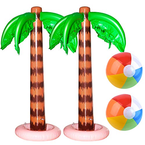 Coopay 4 Pieces Inflatable Palm Trees Beach Balls Rainbow Color Balls for Hawaiian Pool Luau Party Decoration
