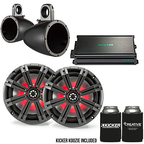 Image of KICKER 8 inch BlackCharcoal Wake Tower LED Marine Speakers 1-Pair with 300 Watt Marine Amplifier