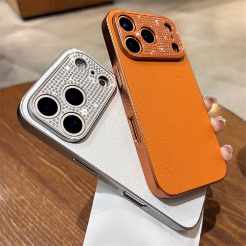 Coque iPhone 16 Pro luxe en cuir PU avec contour d'objectif strass doré chic