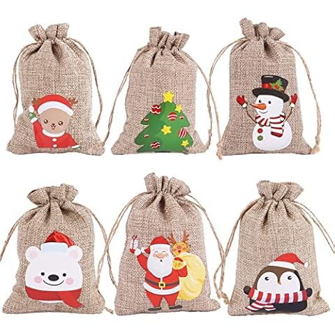 36 Pieces Christmas Burlap Bags with Drawstring, 4 x 6 inch Christmas Linen Goody Gift Bags with Double Jute Drawstrings, 6 Designs Snowman, Santa Claus, Penguin, Elk, Polar Bear and Christmas Tree Cover