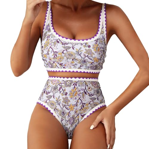 Nidddiv Tops anchos sin mangas para mujer, conjuntos de bikini con estampado floral, 2 piezas, trajes de baño de cintura alta, negros, morado, L