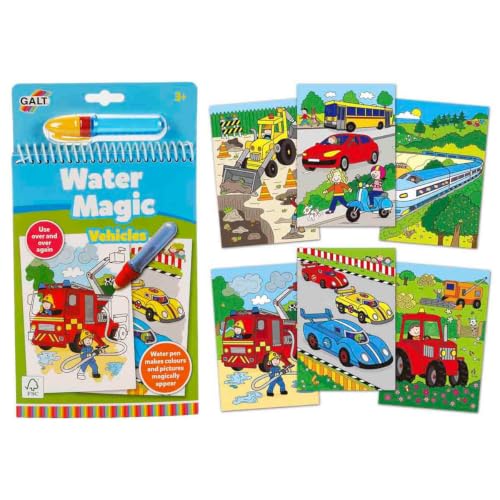 Galt Water Magic Vehicles - Vehicle Themed Mess Free Childrens Colouring Books Reusable Pictures for Kids to Colour - Magically Reveal Hidden Pictures with Water Pen - Ages 3 Years Plus