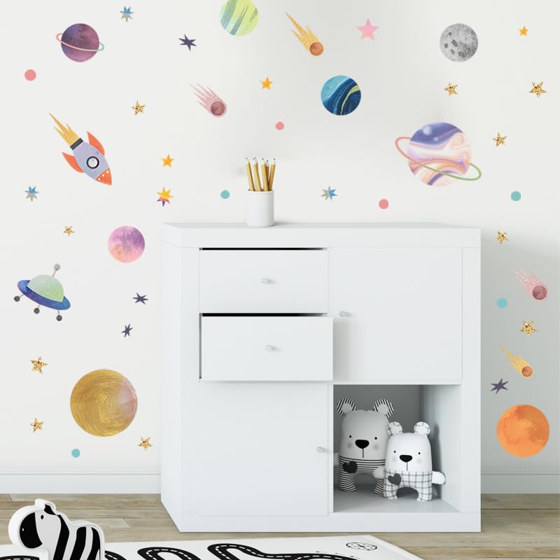 Image of Space Adventure Fun Learning Educational Wall Stickers for Kids Baby Peel and Stick Wall Stickers for Kids Room Bedroom Playroom Nursery Living Room Decor Wall Art Wall Decoration Boho,90X1 cm