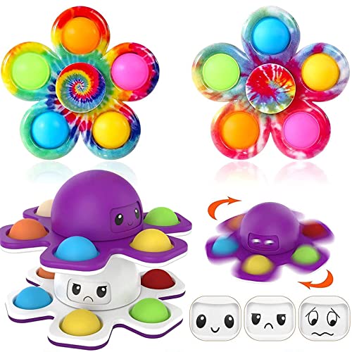 4 PCS Pop Fidget Spinner,Push Bubble Fidget Spinner,Octopus Changing Face Fidget Spinner Pop Toy ,Flip Octopus Push Bubble Fidget Toy, Stress Relieve Sensory Toys for Kids Adults