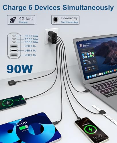 Image of 90W GaN USB C Charger Block [2 Pack],6-Port USB C Wall Charger Fast Charging 45W PD Power Adapter for MacBook Air /iPad Pro /iPhone 17Pro Max /Samsung Galaxy S24 Ultra /Tabs for Home Travel (Black, Two)