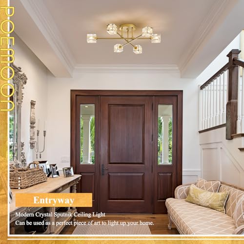 Image of Modern Crystal Semi Flush Mount Ceiling Light Gold Sputnik Chandeliers 6 Lights Industrial 26 inch Chandelier for Foyer Entryway Kitchen Bedroom Living Room Dining Room