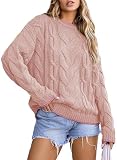 EVALESS Womens Sweaters Cable Knit Chunky Pullover Tops Pink Small