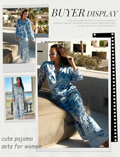 Image of Arssm Satin Pajama Set for Women Silk Pajamas Set 2 Piece Floral Pj Set Long Sleeve Button Down Pjs Sleepwear