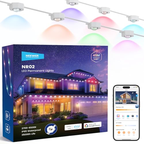 Image of NEEWER 144ft Permanent Outdoor Lights for House Decor, Smart AI RGB IC CW Outside Eaves String Christmas Lighting, 90 LED Lights, App Control 50+ Scenes IP65 Waterproof, Compatible with Alexa, NR02