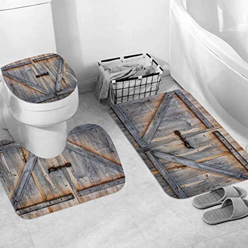 JIFOME Juego de 3 Alfombrillas de baño de Microfibra,Puerta de Granero rústica Granja de Madera de Granero Vintage, Antideslizante Alfombra de baño, Lavable a máquina para bañera en Forma de U