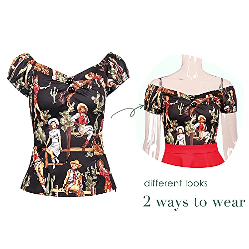 Image of YARN & INK Women's Rockabilly Tops 1950s Pinup Shirt Casual Off Shoulder Vintage Blouse