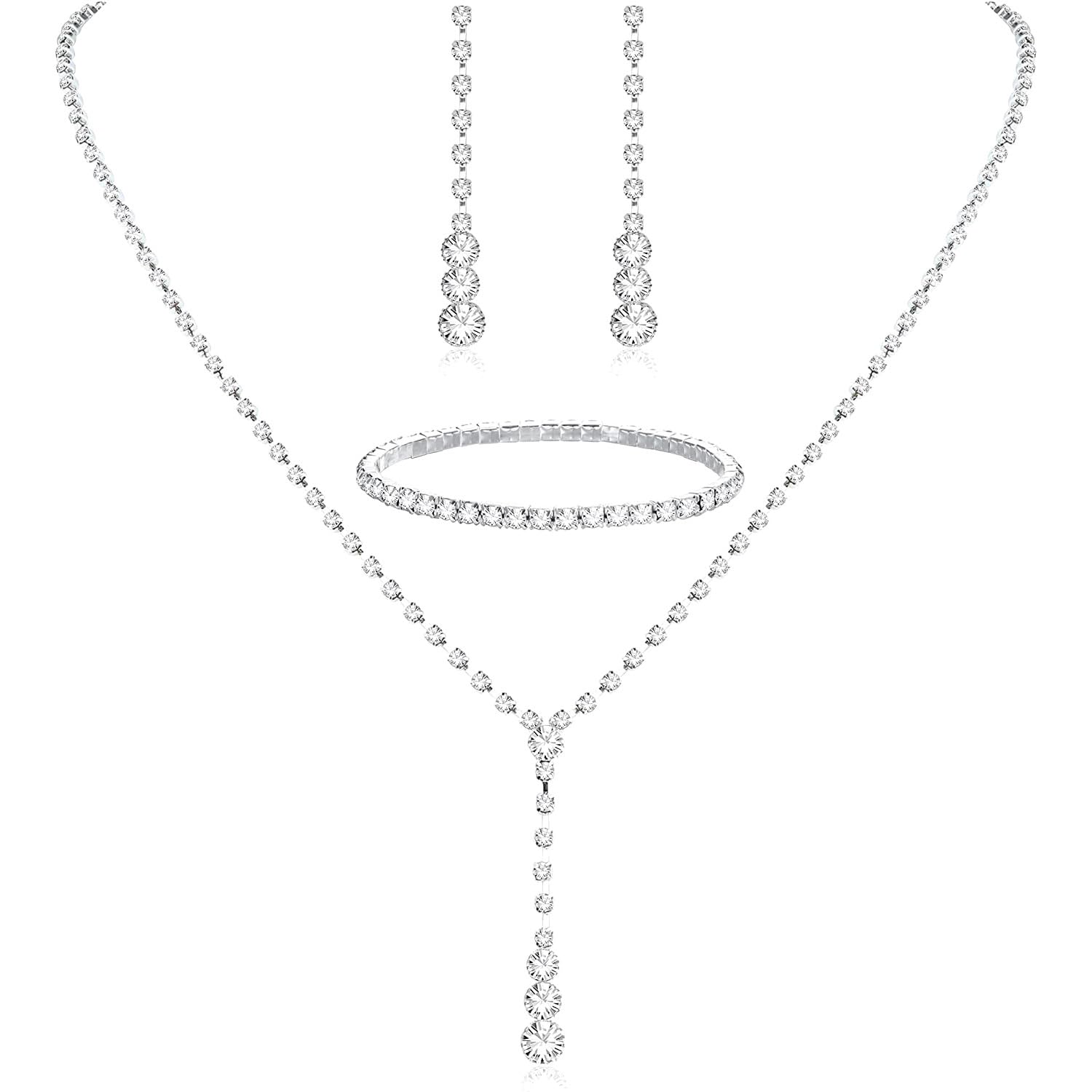 Jsleid Conjunto de Joyería de Boda, Conjunto Pendientes y Collar Plata, Collar de Lágrima Nupcial Pendientes, Pulsera de diamantes de Imitación Conjunto Collar y Pendientes de Plata Para Mujer Fiesta de Boda