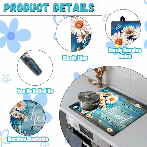 Image of White Daisy Stove Top Cover for Electric Stove, Flower Vase Bottle Stove Top Cover, Blue Butterfly Range Covers, Spring Summer Cooktop Cover Home Decor 28x20 inch, The Kitchen Is the Heart of the Home