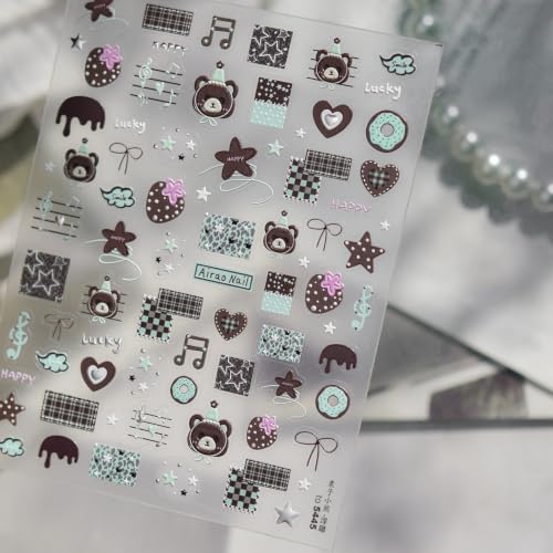 Image of Chestnut Bear Nail Stickers 5D Embossed Nail Art Decal Cartoon Nail Charms | Fall Nail Decals with Music Notes, Plaid, Donut & Star Patterns, Design Self-Adhesive Stickers, for Women Daily DIY Manicure