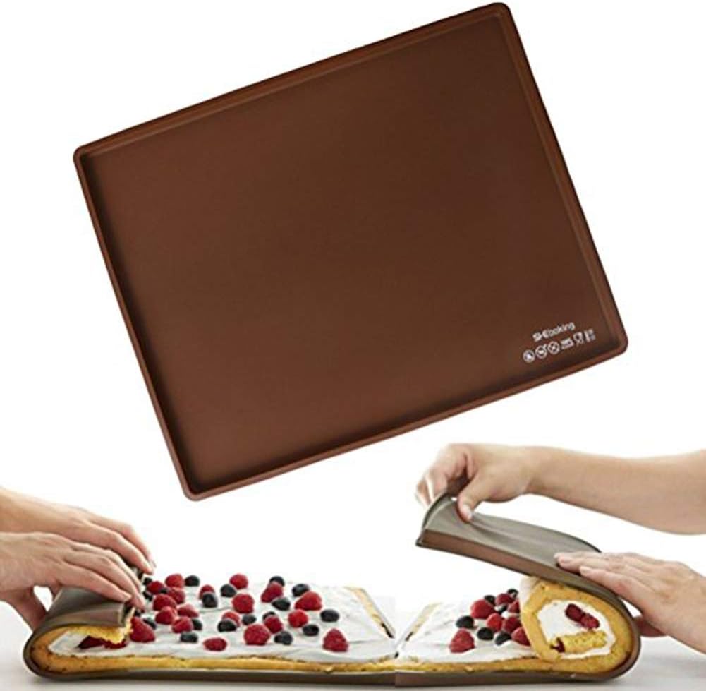 1 Pc Silicone Non Stick Swiss Roll Roulade Baking Mold Pastry Tools Cake Sheet Rectangular Shape Pizza Baking Pan Mat Cake Roll Maker (Brown)