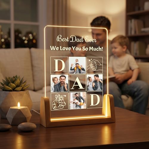 Image of Giftplease Personalized Rectangular Acrylic Wood Photo Frame | Warm LED Light Base Custom 4 Picture Alphabet Block Night Decor for Father Papa Husband | Fathers Day Best Dad Birthday Tabletop