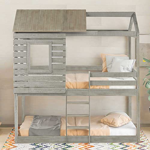 Meritline House Bunk Beds For Kids, Floor Bunk Beds Twin Over Twin, Wood Twin Bunk Bed With Roof And Guardrail, Kids Bunk Beds For Girls, Boys,Teens, No Box Spring Needed, Antique Grey #TOP26