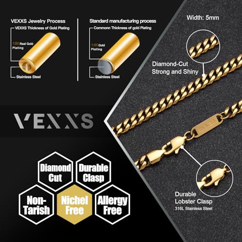 VEXXS Men's Gold Chain Diamond Cut, 18K Real Gold Filled Cuban Link Chain, Durable No Color Fading Curb Chain 5mm Necklace for Men and Women2