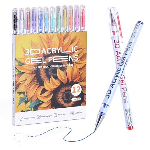 KEMYR 3D Acrylic Gel Pen Set, 12 Colors, 1mm Tip