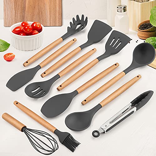 Kitchen Utensils Set Of 12, E-Far Silicone Cooking Utensils With Holder, Non-Stick Cookware Friendly & Heat Resistant, Includes Spatula Tong Whisk Ladle Brush Slotted Turner Spoon(Gray) #TOP1