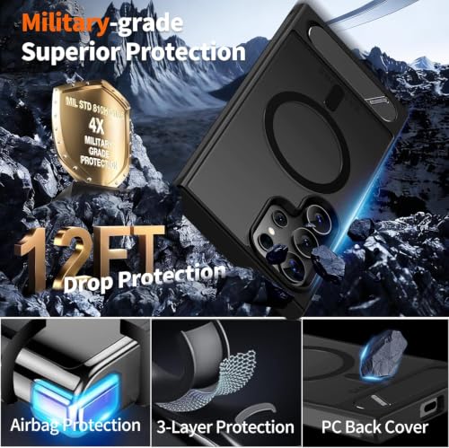 Image of Elzzi Magnetic Cover Compatible for Samsung S24 Ultra 5g Case with Adjustable Metal Kickstand, Compatible with Mag-Safe Translucent Matte Shockproof Protective Phone Case, Black Stand