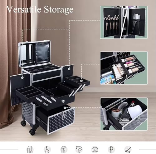 Image of Adson Multifunctional Professional Beauty Makeup Artist Rolling Cosmetic Aluminium Vanity Trolley Beauty Train case Makeup Cosmetic Trolley Hairstylist Travel Organizer (Silver with Design)