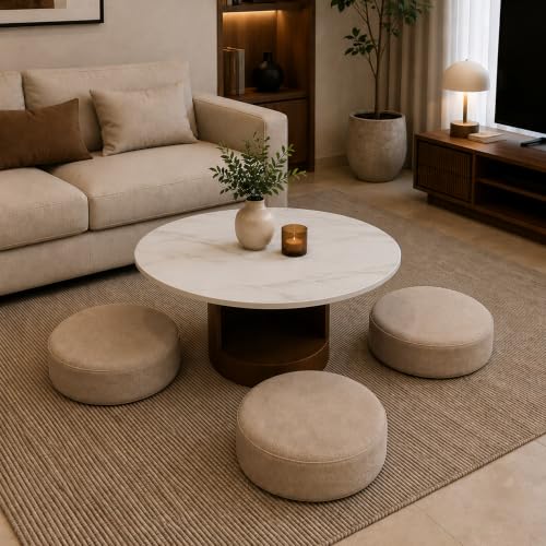 Image of The Attic Baithak Coffee Table, Coffee Table for Living Room, Marble Top, with 3 Integrated Seats, Honey & Beige