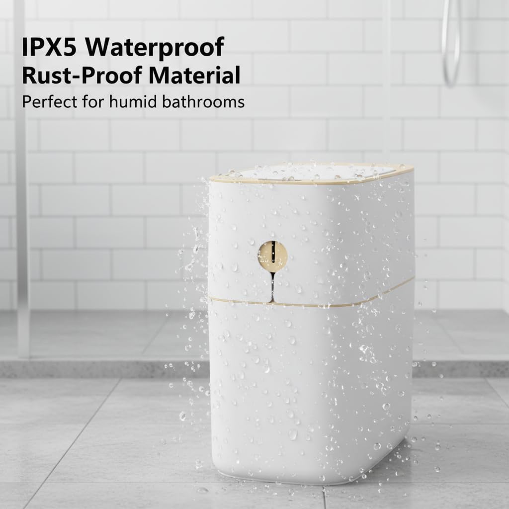 MOPALL Touchless Bathroom Trash Can with Lid, 3 Gallon / 12L Slim Motion Sensor Garbage Bin, Automatic Waste Basket for Bedroom, Office & Narrow Spaces, White & Gold