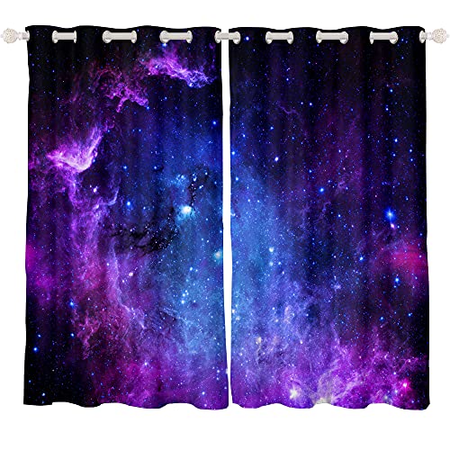 Loussiesd Galaxy Curtains for Girls Boys Teens Kids Starry Sky Window Drapes Outer Space Cosmos Window Treatments Ultra Soft Blue Purple Milky Way Window Curtain (2 Panels - Image 2