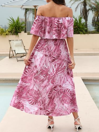 Image of CUPSHE Women Ruffle Floral Maxi Summer Dress Off Shoulder Short Sleeve Backless Flounce Bodice Slit Hem Beach Dresses