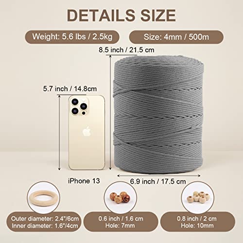 Image of ZUEXT Macrame Cord, Light Grey, 4mm x 547yds Cotton String Macrame Yarn | Natural Handmade, 4 Strands Twisted Cotton Rope, for Craft Wall Hanging Weaving Tapestry Dream Catchers Hanger DIY Gift, 500m