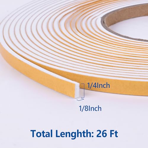 Self Adhesive Foam Tape Weatherstrip 1/4in x 1/8in x 26Ft High Density Foam Insulation Strips Foam Seal Weather Stripping with Strong Adhesive for Door and Window Sound Isolation Soundproofing