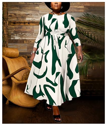 Image of Hostoyo Women Plus Size Formal A Line Maxi Dress Self Tie Waist with Pockets Elegant Round Neck Swing Long Dresses