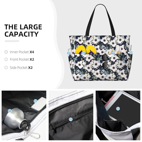 Large Beach Bags Water-resistant Sandproof - Floral Flowers Blue Cute Beach Tote Bags for Women with Zipper3